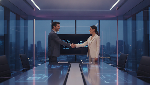 A professional, high-end photograph of two business professionals shaking hands over a meeting table in a modern, glass-walled conference room.